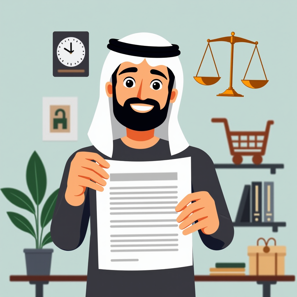 رسم توضيحي حديث يظهر مستهلكاً سعودياً يحمل وثيقة تحتوي على رموز الحقوق القانونية وميزان العدالة وعناصر التسوق في بيئة احترافية