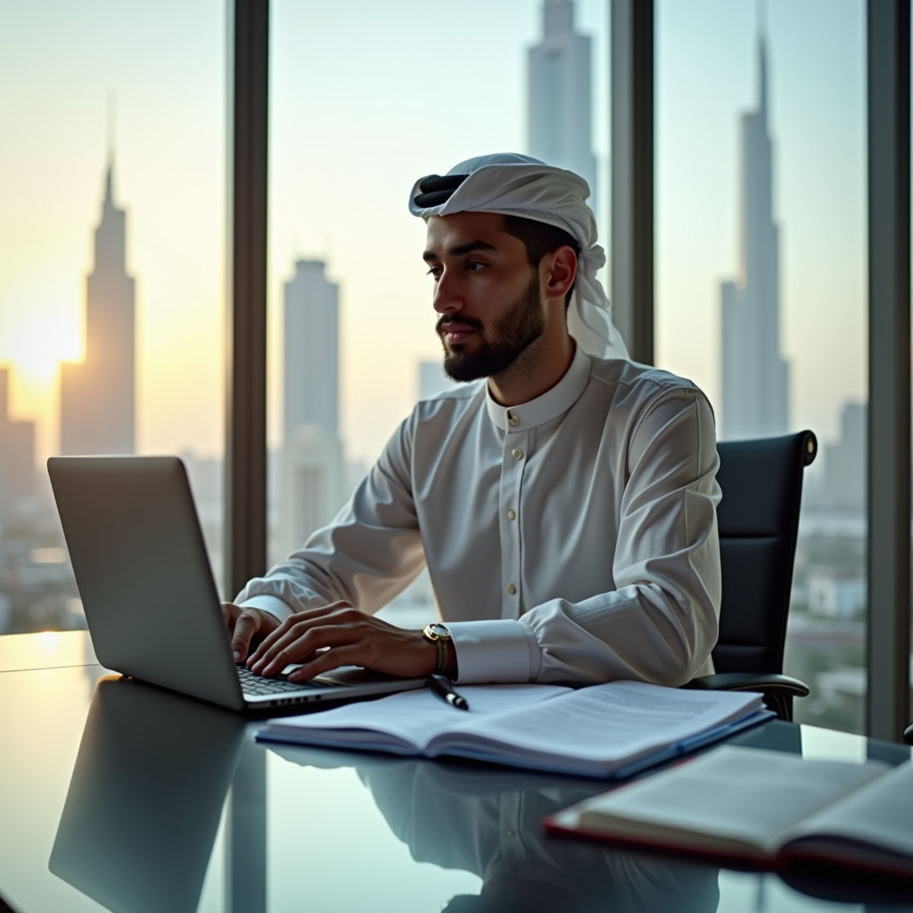 رجل أعمال سعودي شاب يجلس في مكتب حديث مع لابتوب ووثائق تجارية، خلفية تظهر أفق مدينة الرياض الحديثة مع أبراج المملكة، إضاءة طبيعية احترافية، تصوير فوتوغرافي عالي الجودة