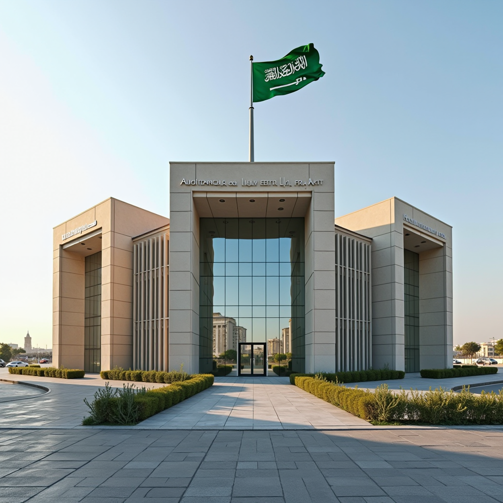 مبنى الهيئة السعودية للملكية الفكرية من الخارج بتصميم معماري حديث مع العلم الوطني