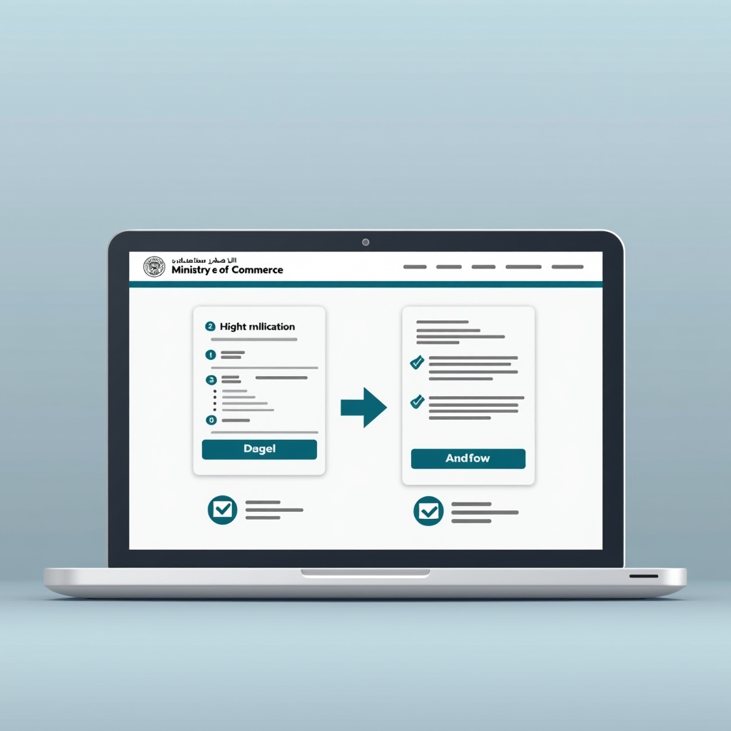 صورة توضيحية لعملية تجديد السجل التجاري عبر الإنترنت، تعرض واجهة منصة وزارة التجارة الإلكترونية مع أيقونات الدفع والمستندات المطلوبة